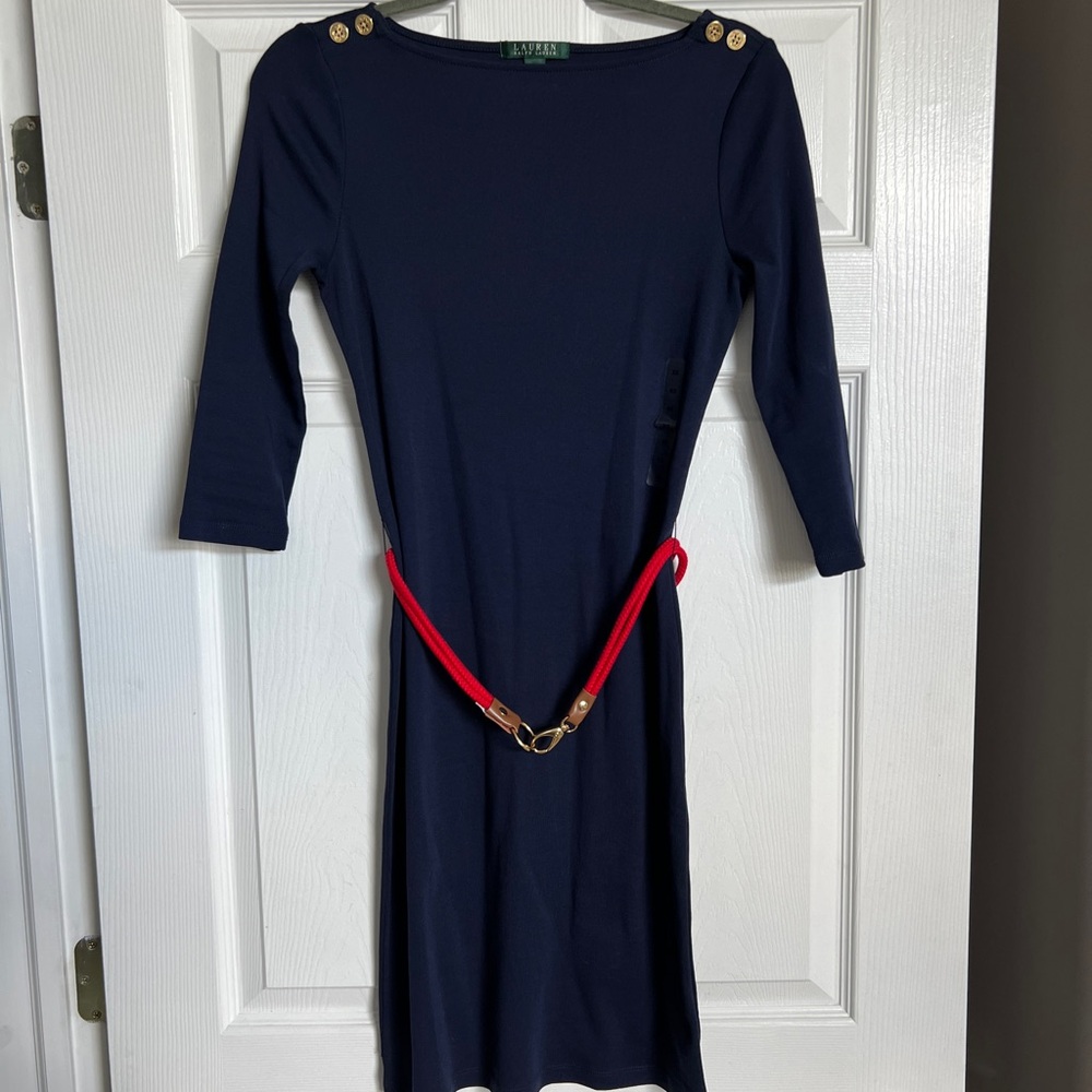 NWT Ralph Lauren Navy Dress with Red Rope Accent Belt